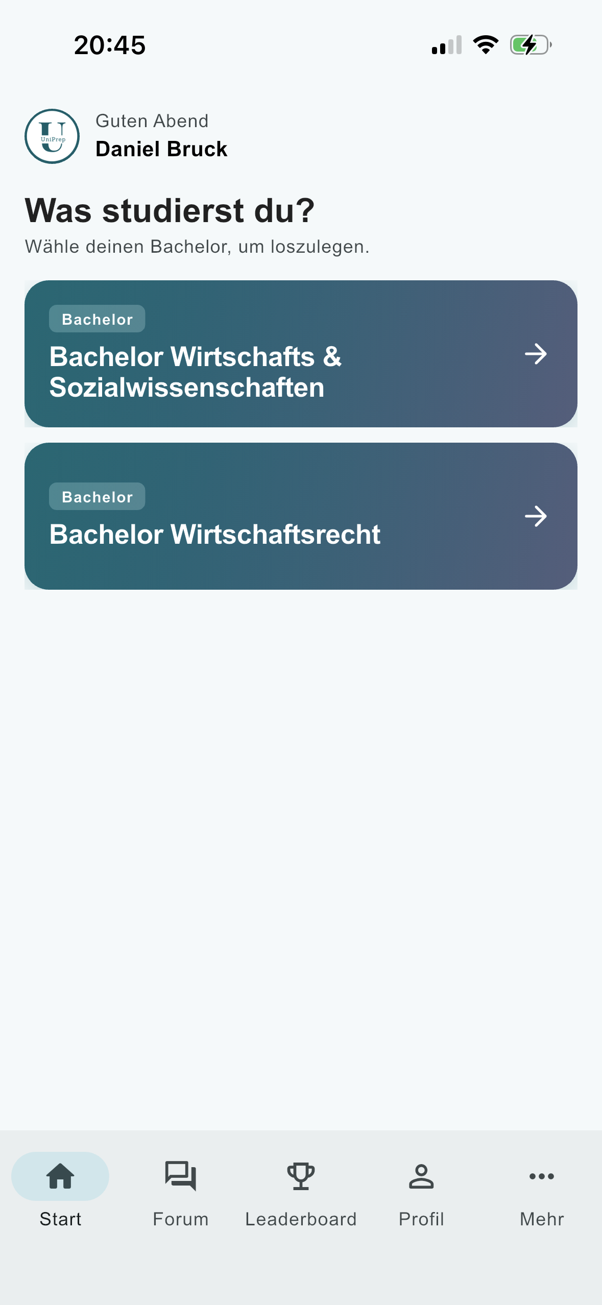UniPrep Startseite mit Bachelor-Auswahl